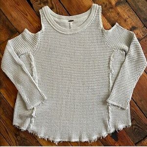 Free People Beige Natural Thermal Waffle Cold Shoulder Sweater